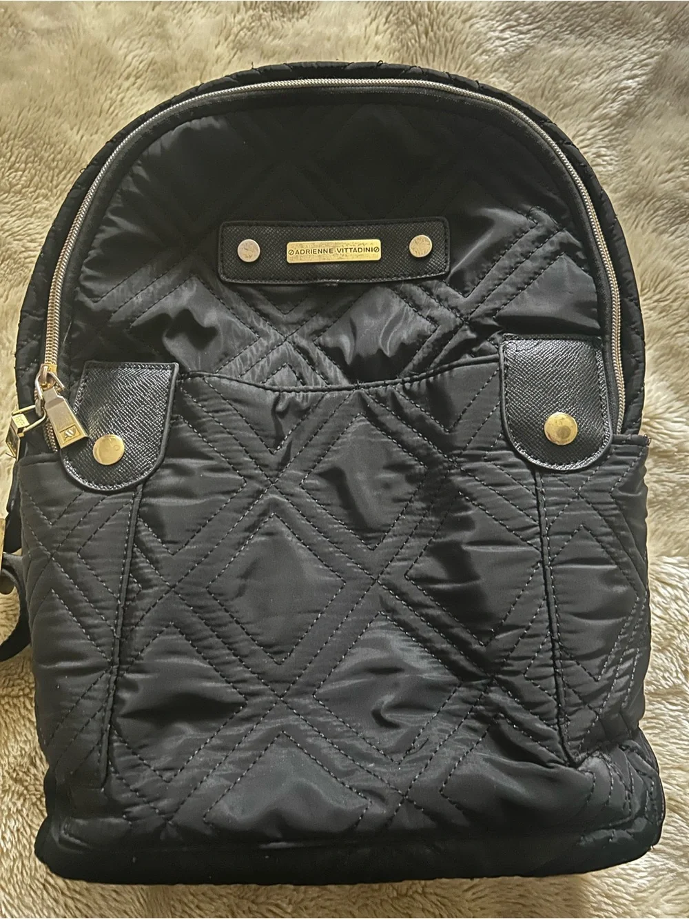 Adrienne Vittadini Black Quilted Backpack with Gold Accents